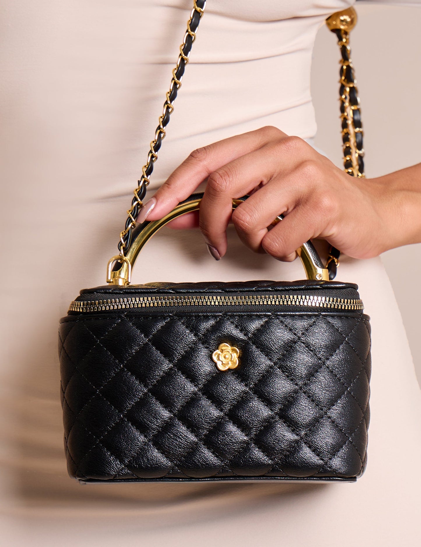 The Florence Top Handle Quilted Vanity Bag Black