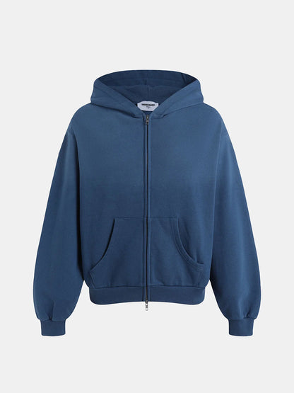 480 GSM BOXY CROPPED FIT 'WASHED BLUE' ZIP-UP HOODIE