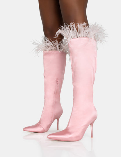 Baddie Baby Pink Satin Feather Pointed Toe Stiletto Knee High Boots