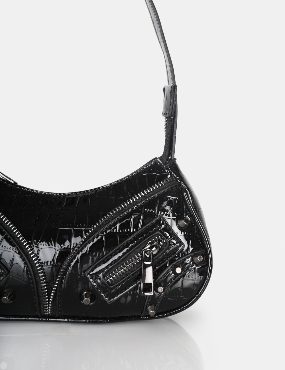 The Candice Zip Detailed Black Croc Shoulder Bag