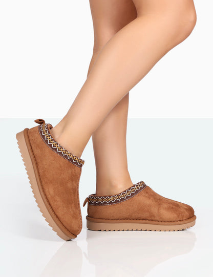 Tamsin Tan Faux Suede Embroidered Slipper Boots