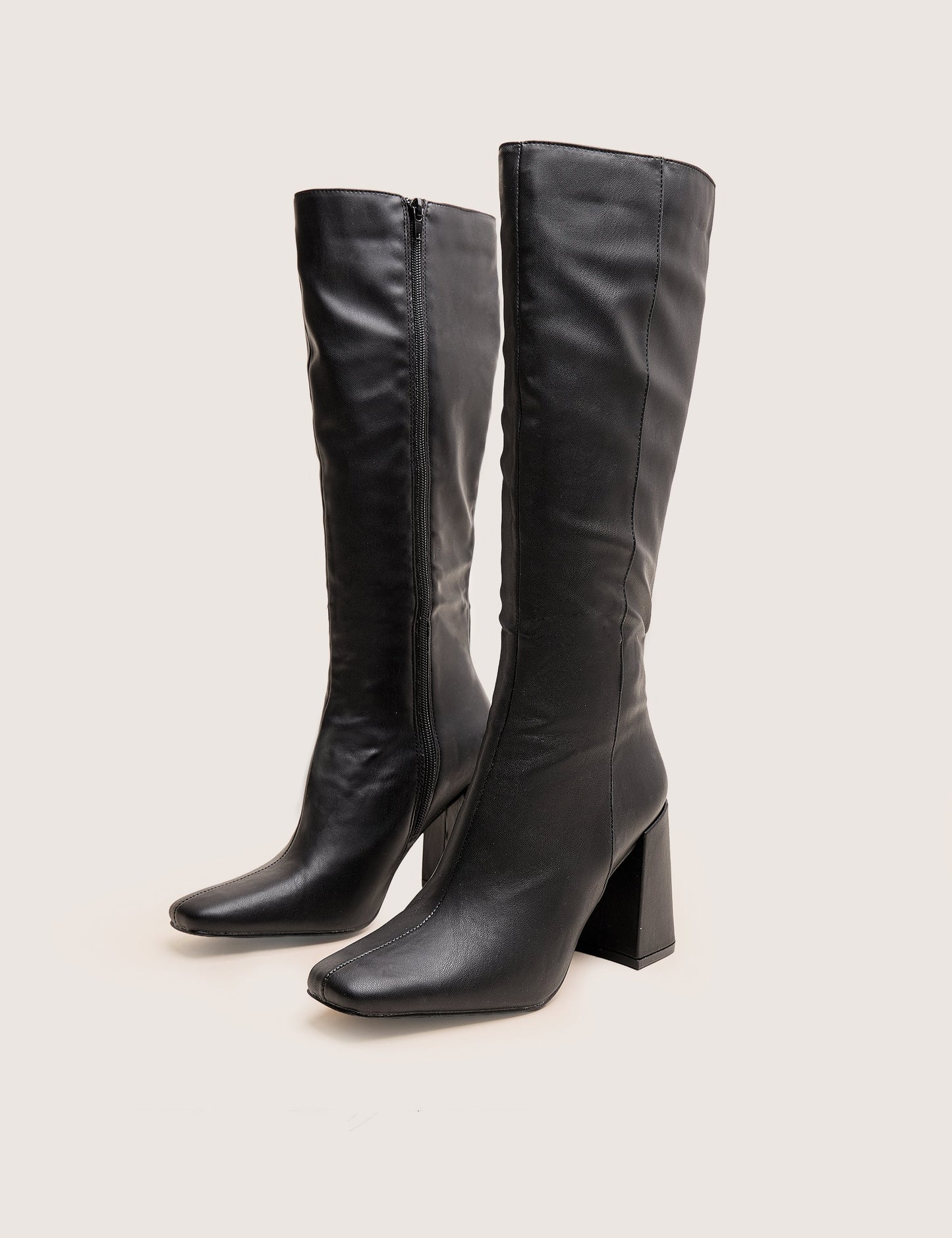 Apology Wide Fit Black Pu Knee High Block Heel Boots