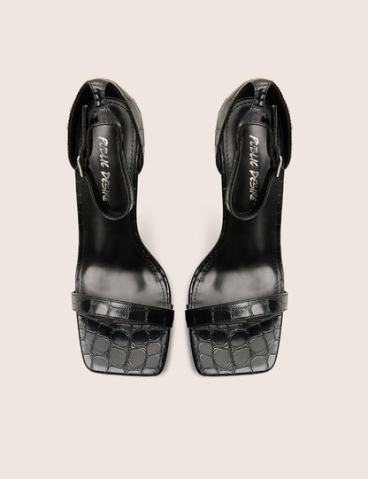 Chaos Black Croc Square Toe Strappy Barely There Stiletto Heels