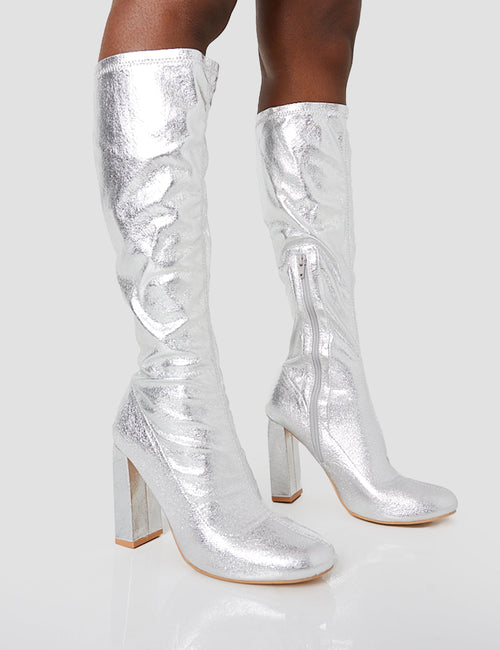 Christina Silver Grain Pointed Toe Block Heel Knee High Boots