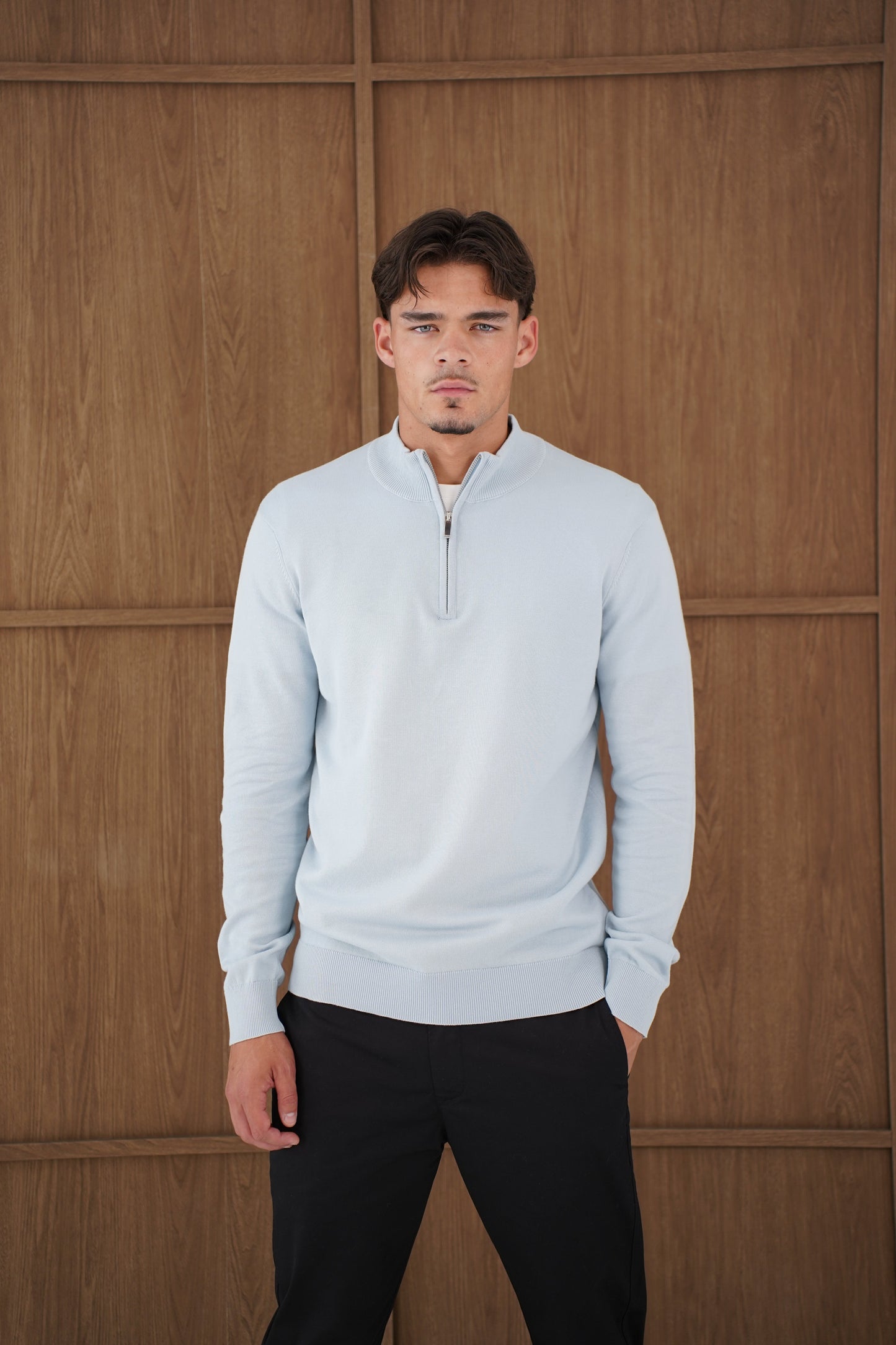Capo Egyptian Cotton 1/4 Zip Top - Sky Blue