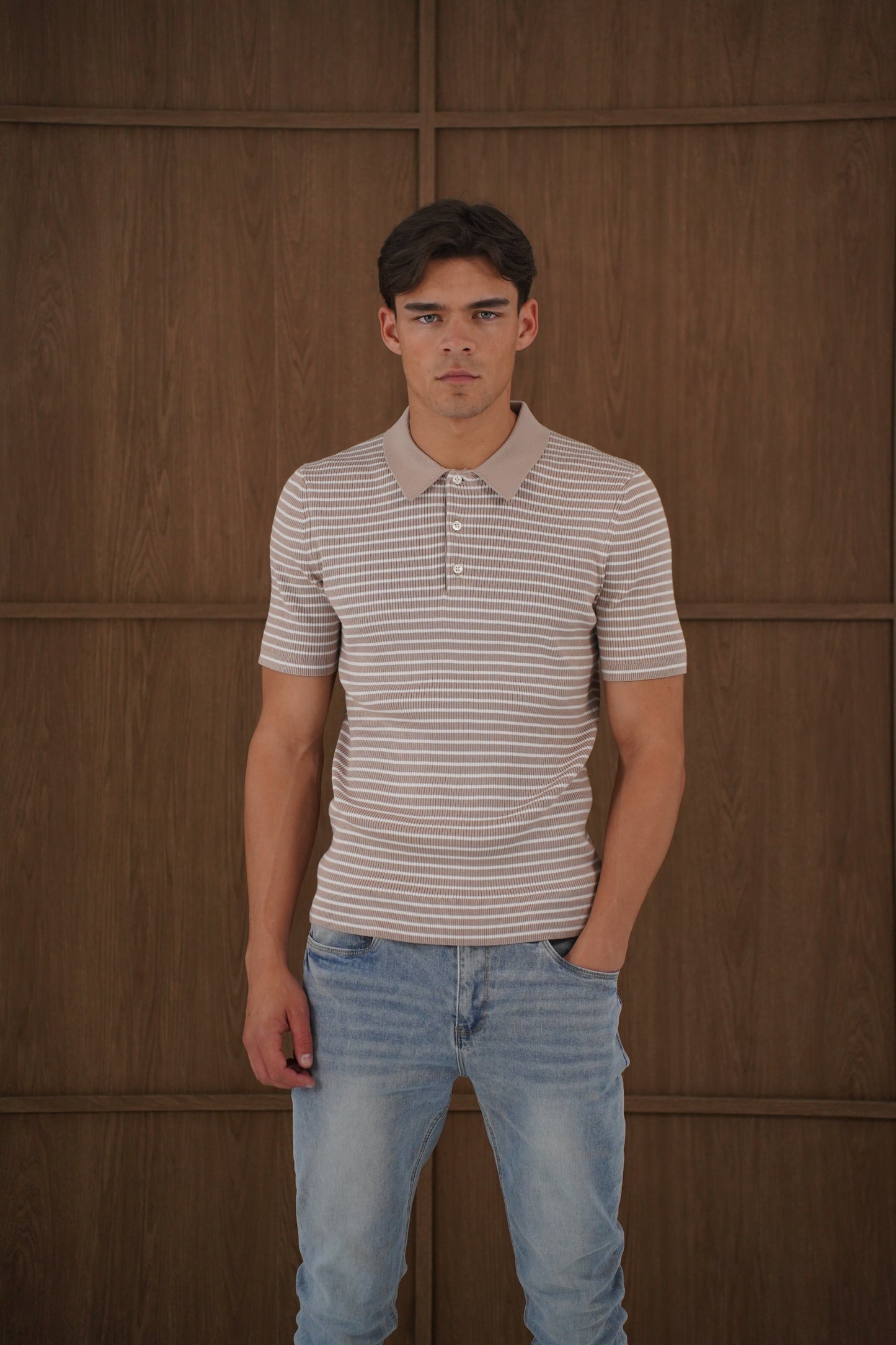 Capo Stripped Button Polo Shirt - Stone