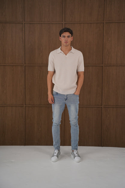 Capo Cable Twist Open Collar Polo Shirt - Stone
