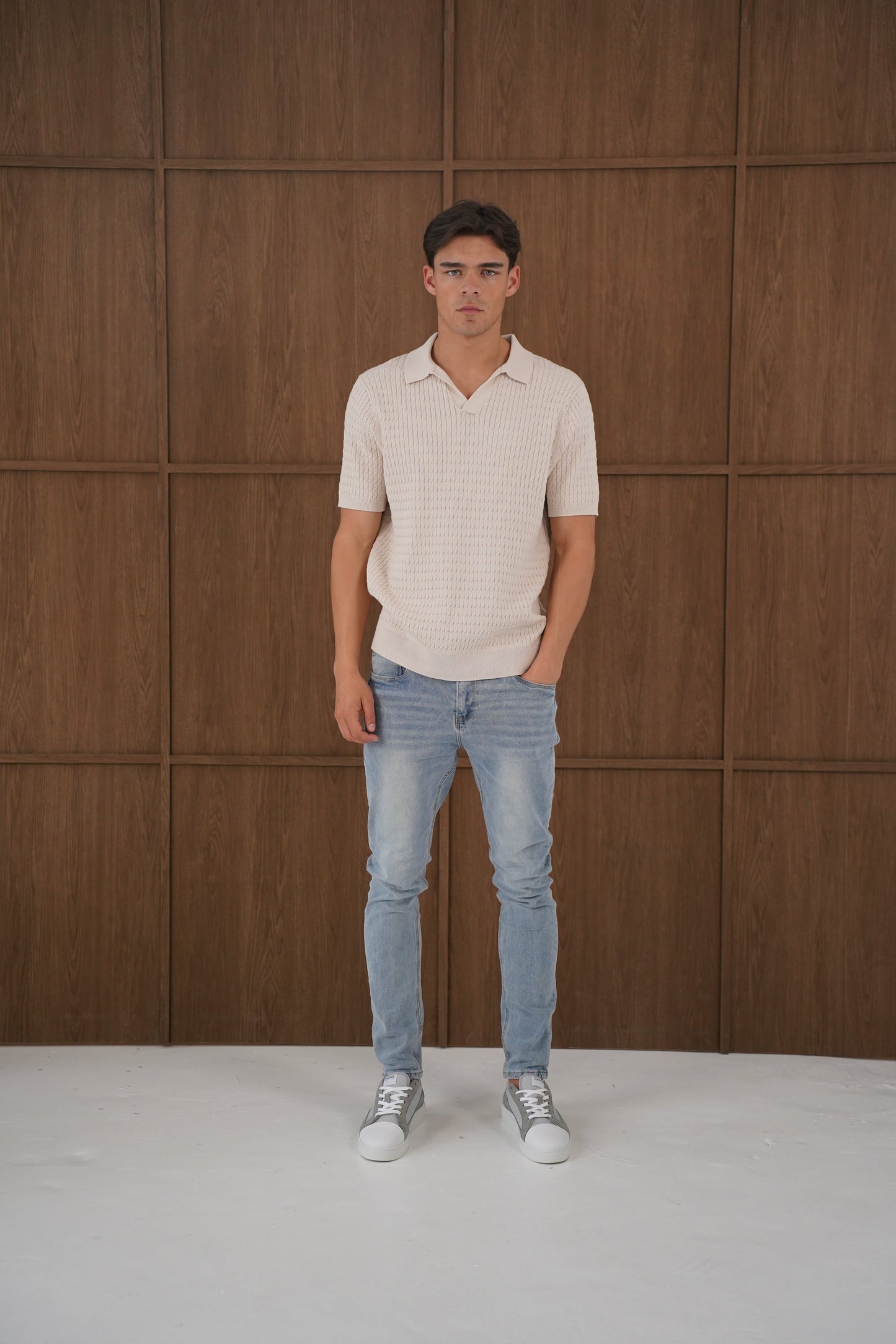 Capo Cable Twist Open Collar Polo Shirt - Stone