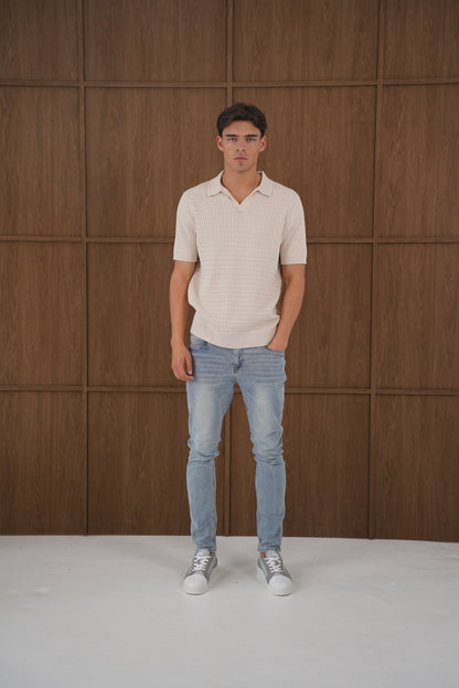 Capo Cable Twist Open Collar Polo Shirt - Stone