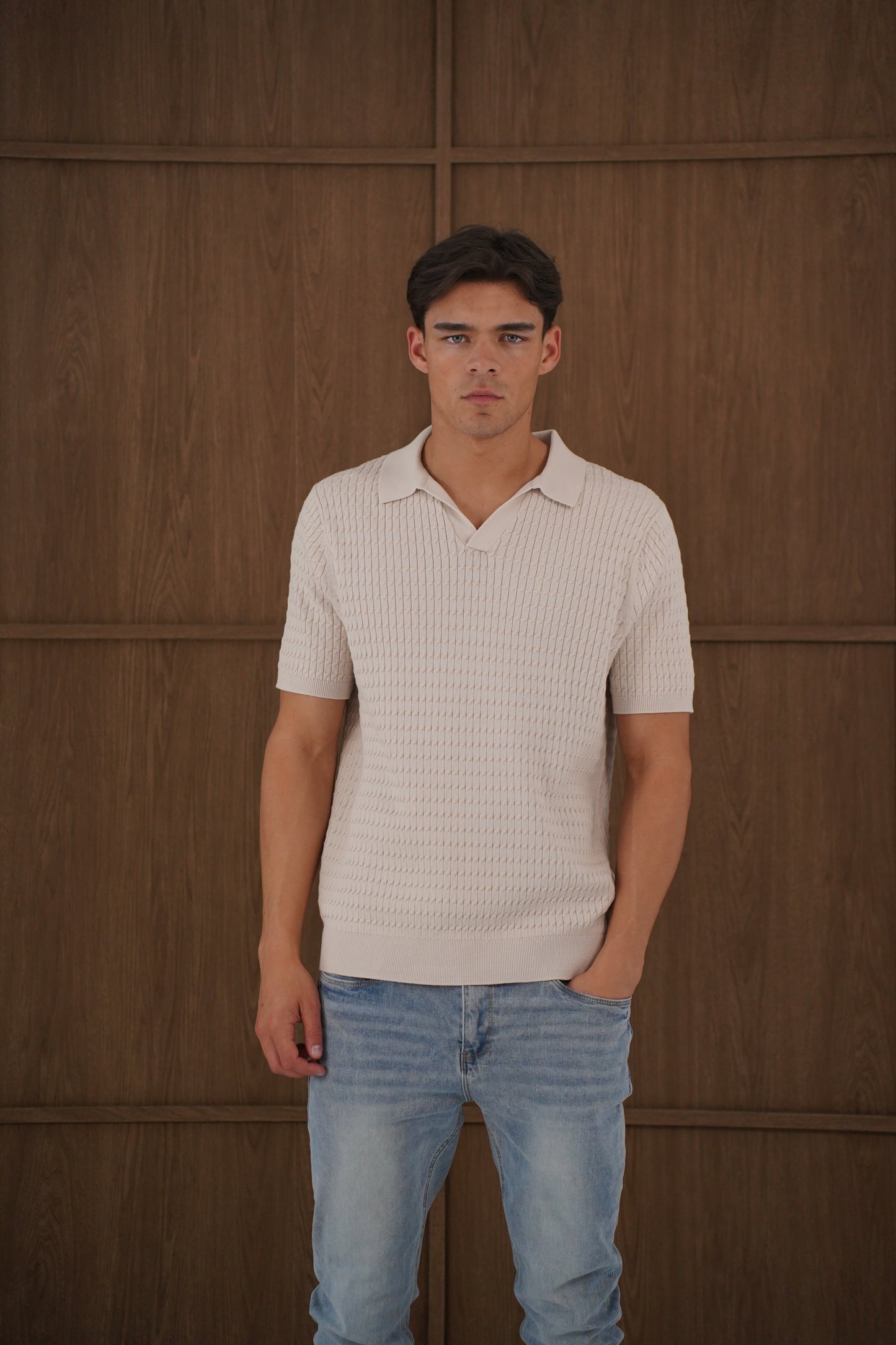 Capo Cable Twist Open Collar Polo Shirt - Stone