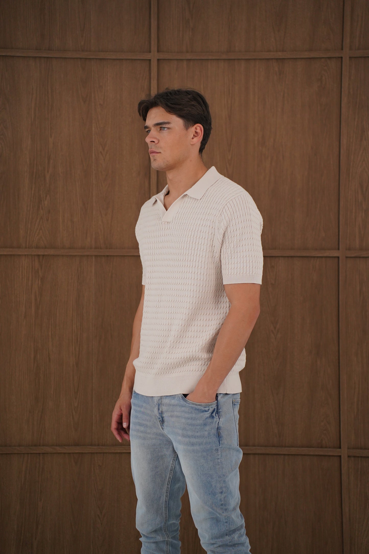 Capo Cable Twist Open Collar Polo Shirt - Stone