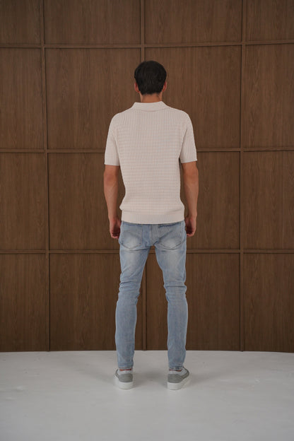 Capo Cable Twist Open Collar Polo Shirt - Stone