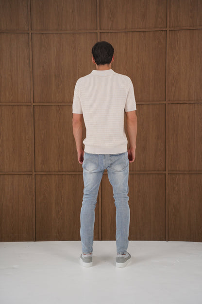 Capo Cable Twist Open Collar Polo Shirt - Stone