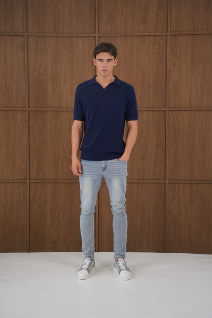 Capo Cable Twist Open Collar Polo Shirt - Navy