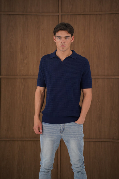 Capo Cable Twist Open Collar Polo Shirt - Navy