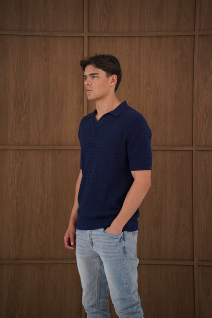 Capo Cable Twist Open Collar Polo Shirt - Navy