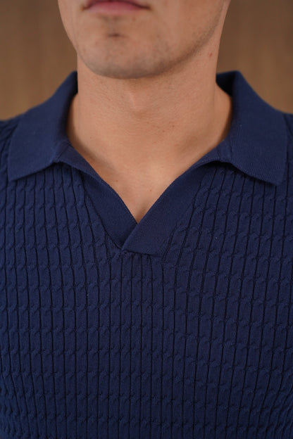 Capo Cable Twist Open Collar Polo Shirt - Navy