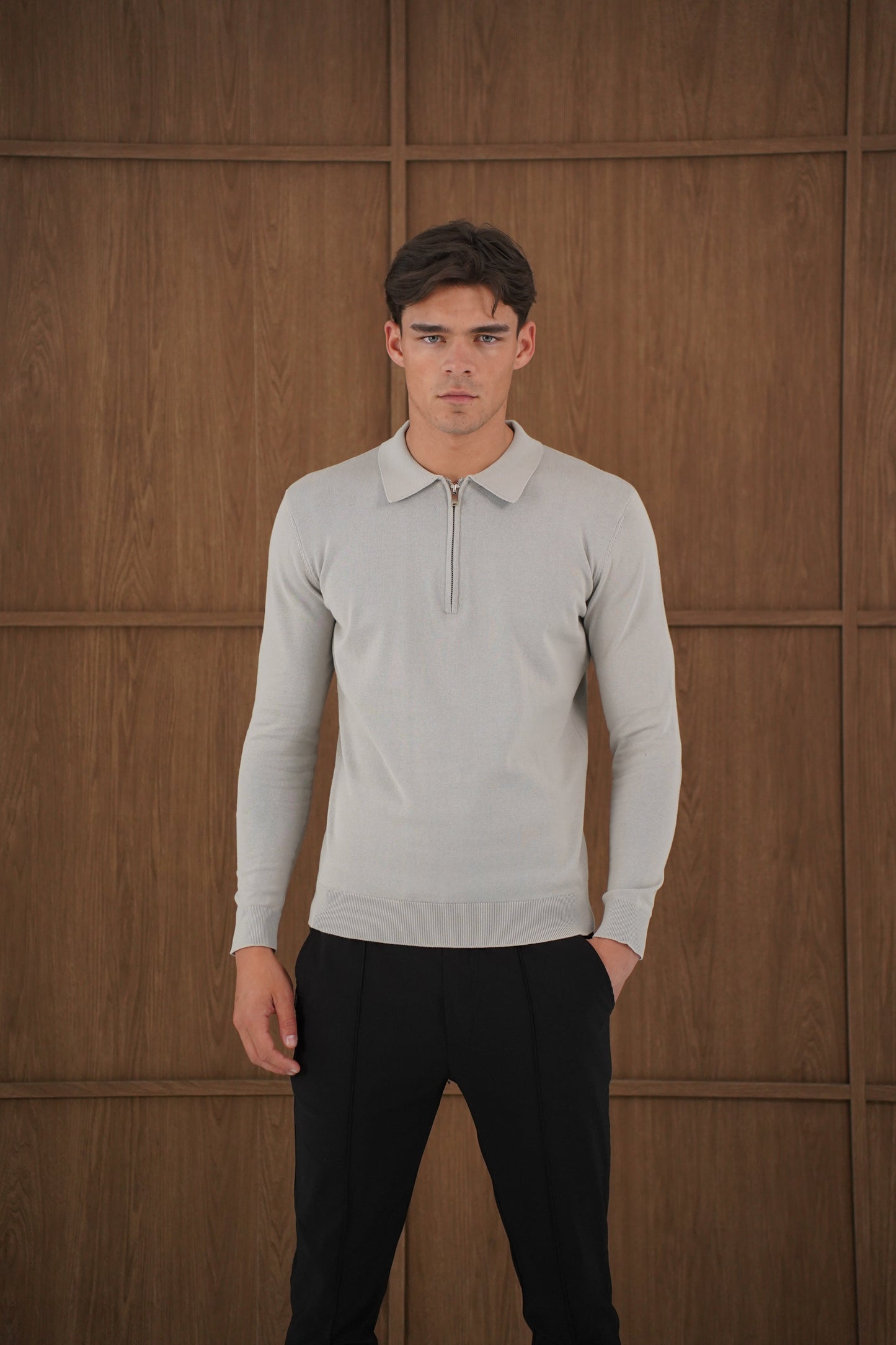 Capo Egyptian Cotton LS Zip Polo Shirt - Stone