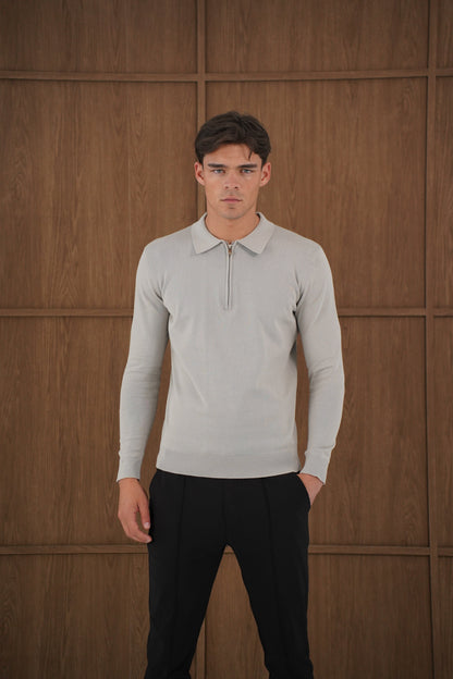 Capo Egyptian Cotton LS Zip Polo Shirt - Stone