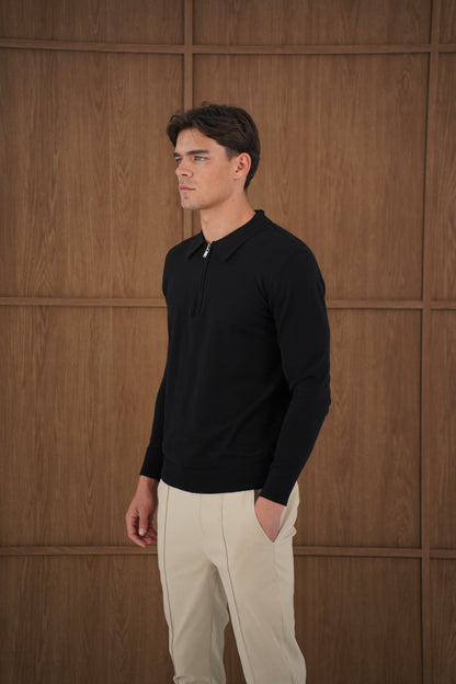 Capo Egyptian Cotton LS Zip Polo Shirt - Black