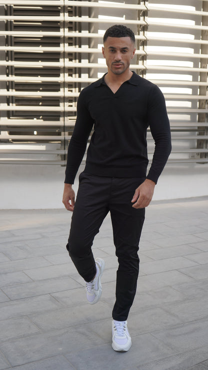 Capo Egyptian Cotton Cuban Collar LS Polo Shirt - Black
