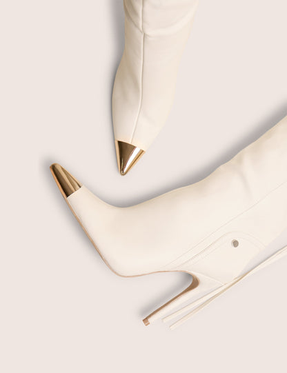Finest White Toe Cap Detail Pointed Knee High Boots