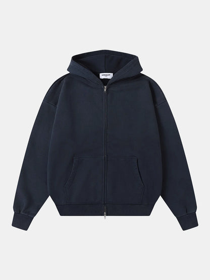 550 GSM CROPPED FIT 'WASHED NAVY BLUE' ZIP-UP HOODIE