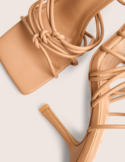 Keri Wide Fit Nude Pu Strappy Lace Up Mid Heels