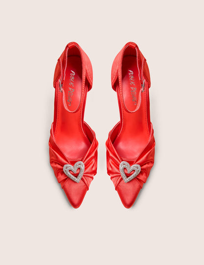 Meant to Be Red Satin Diamante Heart Court Stiletto Heel