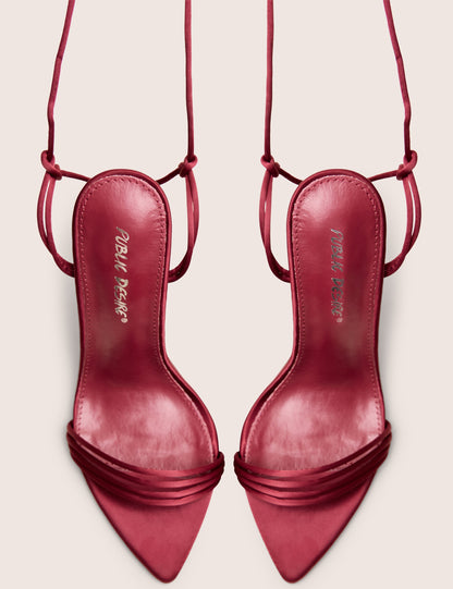 Merlot Burgundy Satin Lace Up Wrap Around Pointed Toe Stiletto Heels