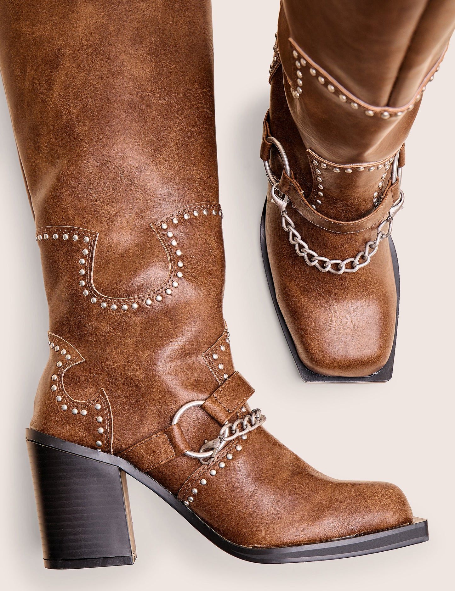 Nashville Vintage Brown Western Studded Block Heel Knee High Boot