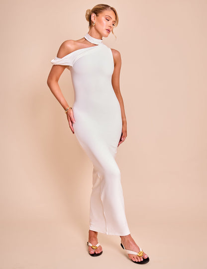 Asymmetric One Shoulder Choker Detail Luxe Slinky Midi Dress White