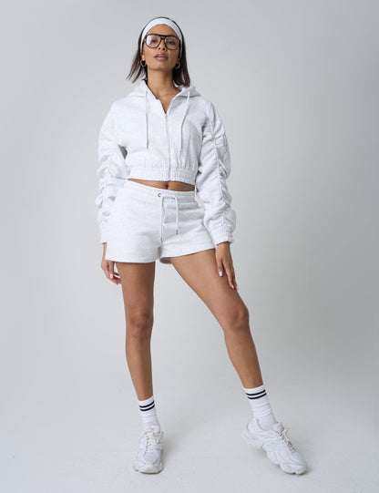 Ruched Sleeve Zip Up Cropped Hoodie Grey Marl