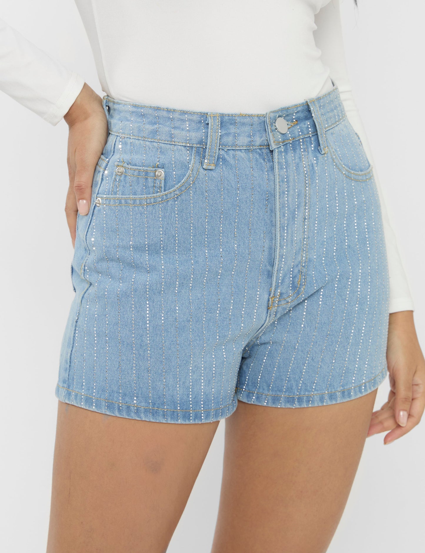 High Waist Diamante Embellished Shorts Light Blue