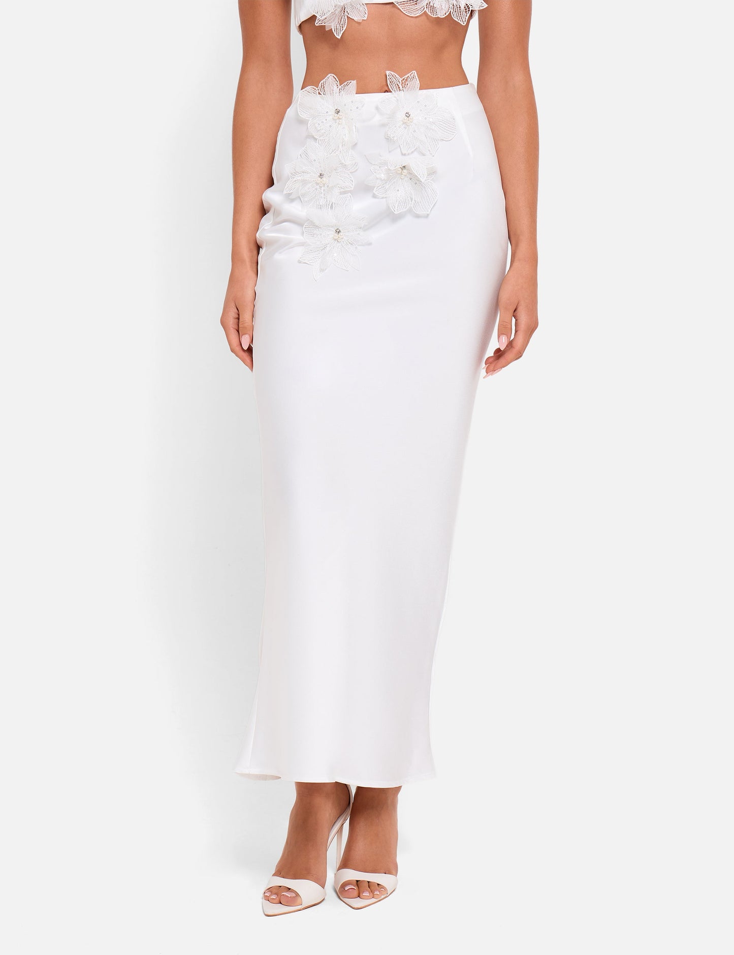 Satin Maxi Skirt With Floral Applique White