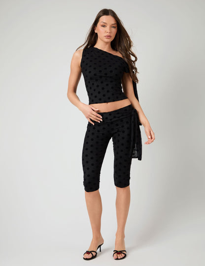Knot Detail Asymmetric One Shoulder Polka Dot Devore Top Black