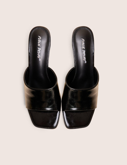 Romi Black Patent Mule Square Toe Flared Block Mid Heels