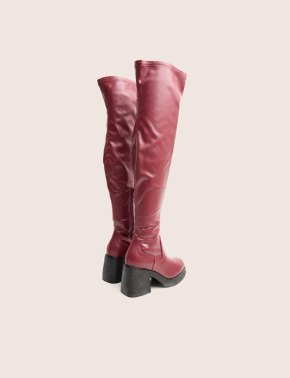 Sensored Burgundy Chunky Sole Sock Over the Knee Boots
