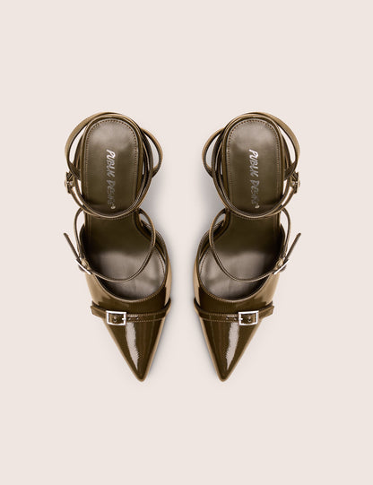 Viper Green Patent Three Strap Buckle Detail Court Heels